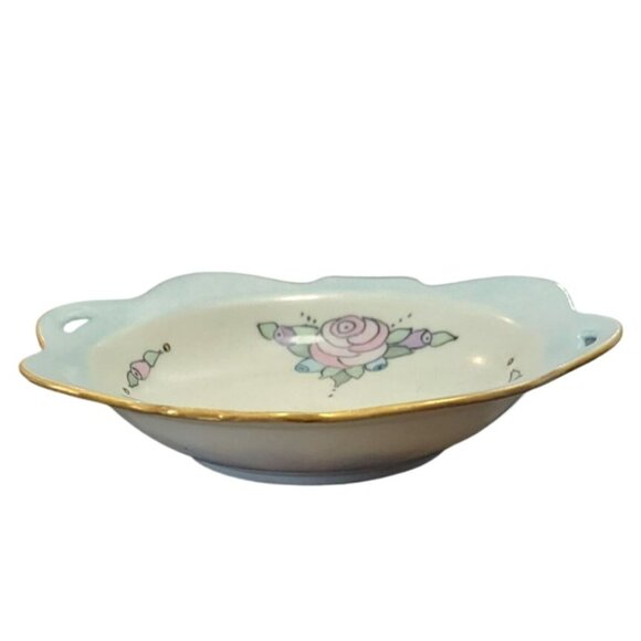 Vintage Japan Hand-Painted Porcelain Floral Finger Bowl Gold Rim Cut-Out Handles - Picture 3 of 6